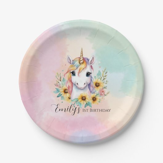 Assiettes En Carton Cute Unicorn Sunflower 1er anniversaire (Devant)