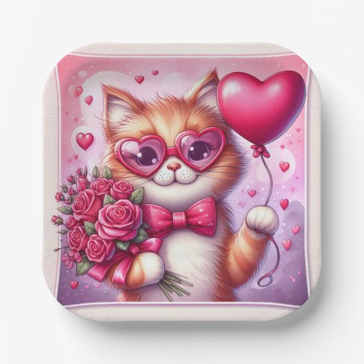 Assiettes En Carton Cute Valentine's day cat/chaton (Recto)