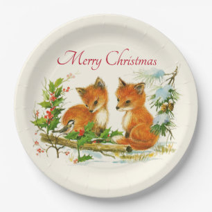 Assiettes En Carton Cute Vintage Foxes Retro Christmas Scene