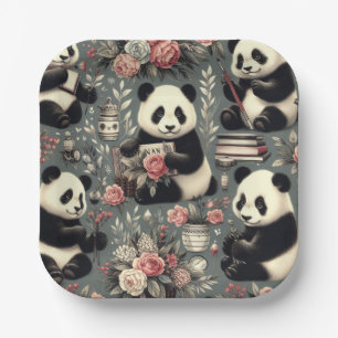 Assiettes En Carton Cute Vintage Panda Floral