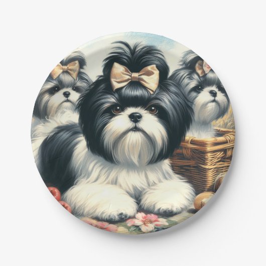 Assiettes En Carton Cute Vintage peinture Shih-Tzu (Devant)