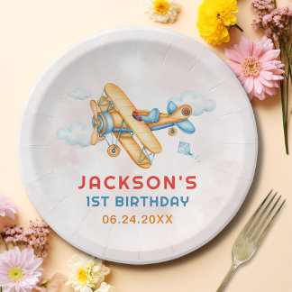 Assiettes En Carton Cute Vintage Retro Jaune Avion 1er Anniversaire