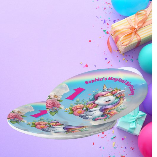 Assiettes En Carton Cute Whimsical Floral Unicorn Girly 1er anniversai