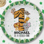 Assiettes En Carton Cute Wild One Safari Jungle Animals First Birthday<br><div class="desc">Is your little boy or girl turning one? This Wild One design is perfect for their 1st birthday. The jungle safari theme features a cartoon illustrated monkey,  sloth,  elephant,  lion,  and giraffe,  as well as a tiger stripe number 1! Throw a first birthday party with this jungle design!</div>