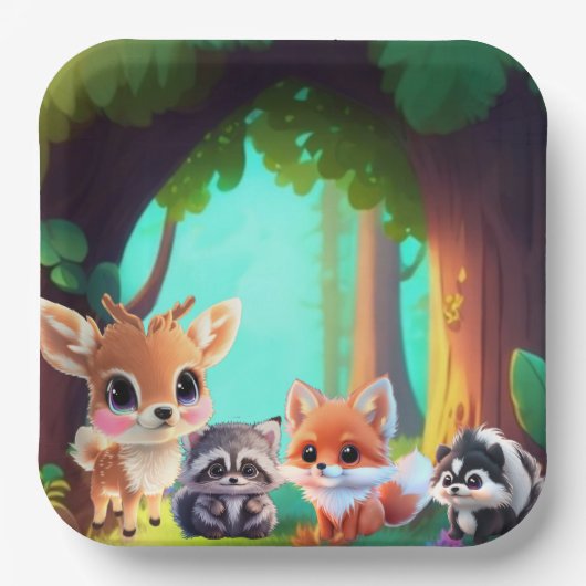 Assiettes En Carton Cute Woodland amis renard skunk raccoon cerf (Recto)