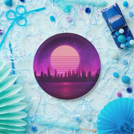 Assiettes En Carton cyberpunk électronique synthwave scifi rose noir  (Fête)