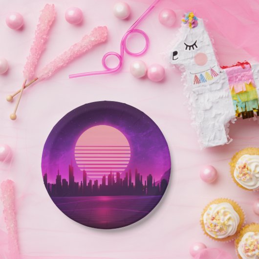 Assiettes En Carton cyberpunk électronique synthwave scifi rose noir  (Fête)