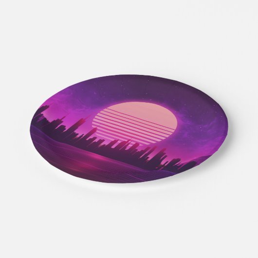 Assiettes En Carton cyberpunk électronique synthwave scifi rose noir  (Angle)