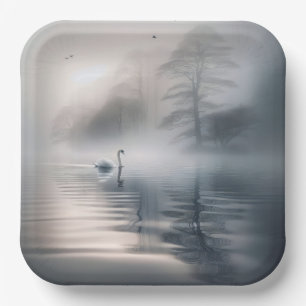 Assiettes En Carton Cygne Solitaire Sur Le Lac Misty Morning