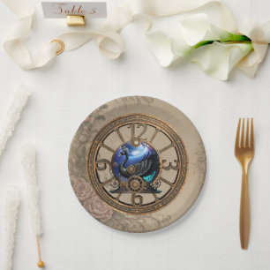 Assiettes En Carton Cygne vapeur noir avec horloges et engrenages.