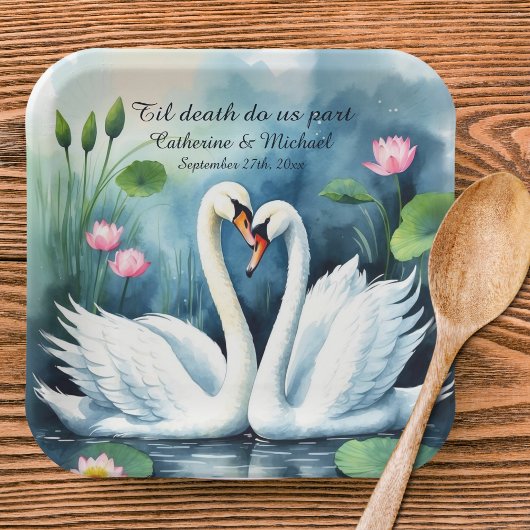 Assiettes En Carton Cygnes en amour Aquarelle Lotus Lake Mariage