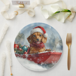 Assiettes En Carton Dachshund Chien en Luge Laissez Tomber la Neige No