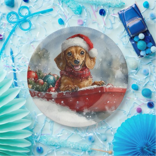 Assiettes En Carton Dachshund Dog in Sledge Let it neige Noël (Fête)