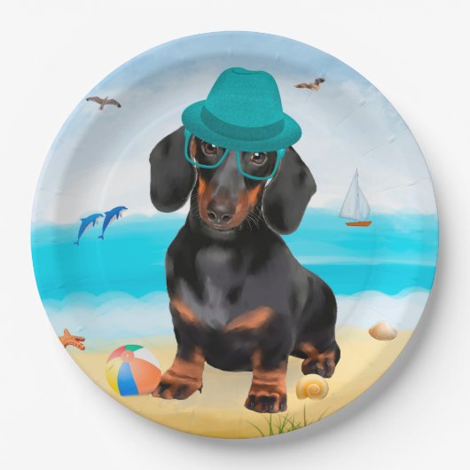 Assiettes En Carton Dachshund Dog sur la plage (Devant)