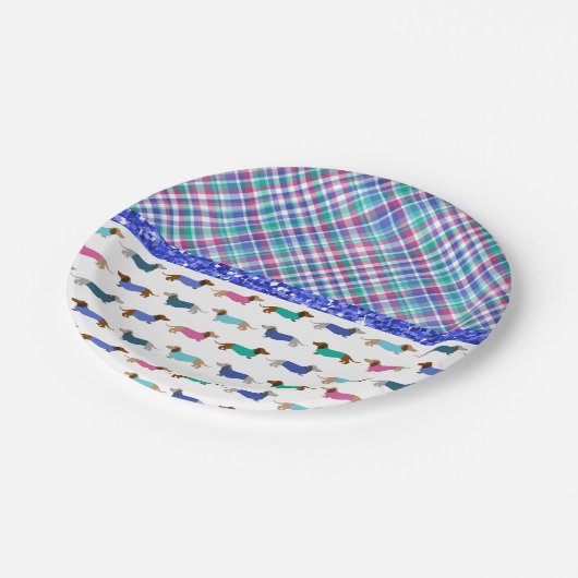 Assiettes En Carton Dachshund Plaid Plaques de papier vert bleu (Angle)