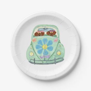 Assiettes En Carton Dachshunds Hippies Dans Leur Voiture Fleurie D'Amo
