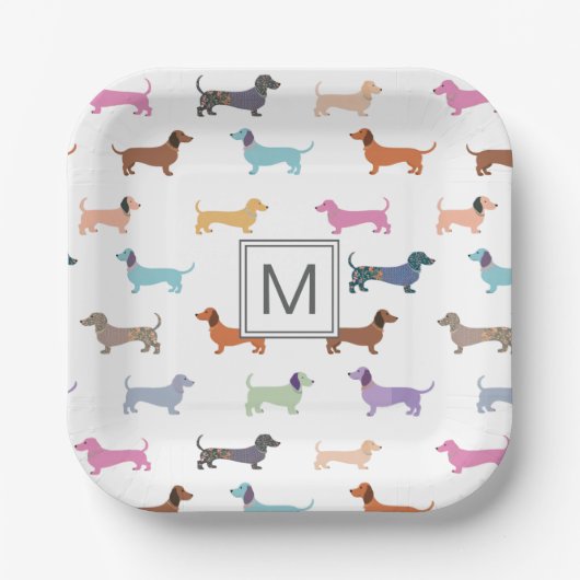 Assiettes En Carton Dachshunds Motif Colorful Party Monogramme (Recto)