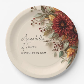 Assiettes En Carton Dahlia d'automne Fleurs de rust et de Bourgogne Fl