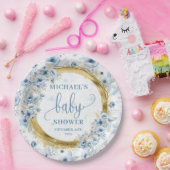 Assiettes En Carton Dainty bleu poussiéreux aquarelle fleurs or bébé (Fête)