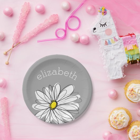 Assiettes En Carton Daisy floral tendance avec nom personnalisé gris j (Fête)