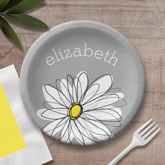 Assiettes En Carton Daisy floral tendance avec nom personnalisé gris j