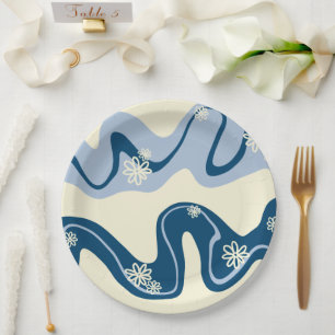 Assiettes En Carton Daisy Groove - Bleu foncé, Bleu clair et crème