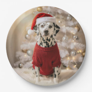 Assiettes En Carton Dalmatien portant un pull de Noël rouge