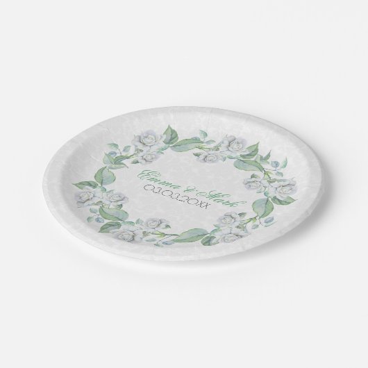 Assiettes En Carton Damas Blanches & Roses - Enregistrer La Date (Angle)