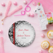 Assiettes En Carton Damas Mariage moderne en blanc, noir et rouge (Fête)