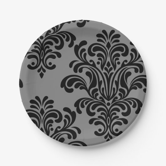 Assiettes En Carton Damas noir sur Motif gris (Devant)
