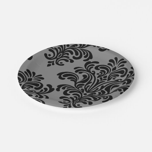 Assiettes En Carton Damas noir sur Motif gris (Angle)