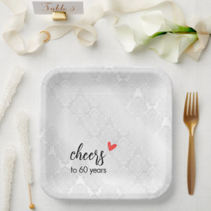 Assiettes En Carton Damas satin blanc 60e anniversaire