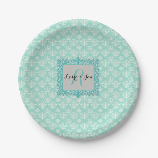 Assiettes En Carton Damas Turquoise Personnalisé (Devant)