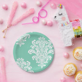 Assiettes En Carton Damask blanc sur Aqua Motif (Fête)