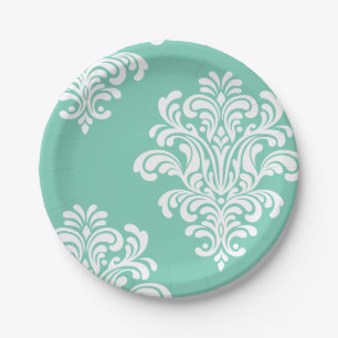 Assiettes En Carton Damask blanc sur Aqua Motif