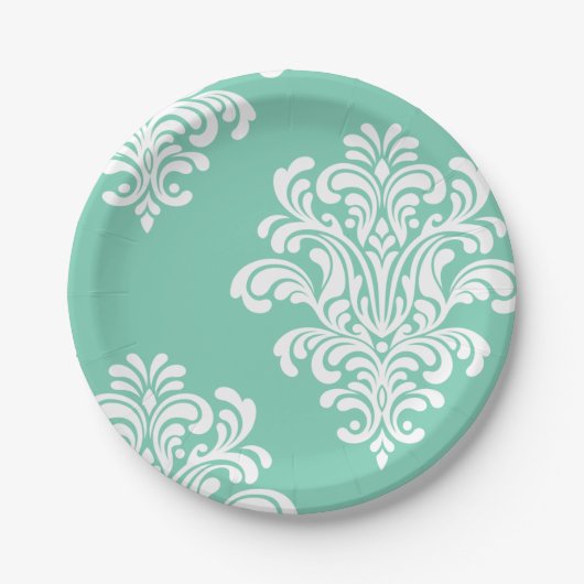 Assiettes En Carton Damask blanc sur Aqua Motif (Devant)