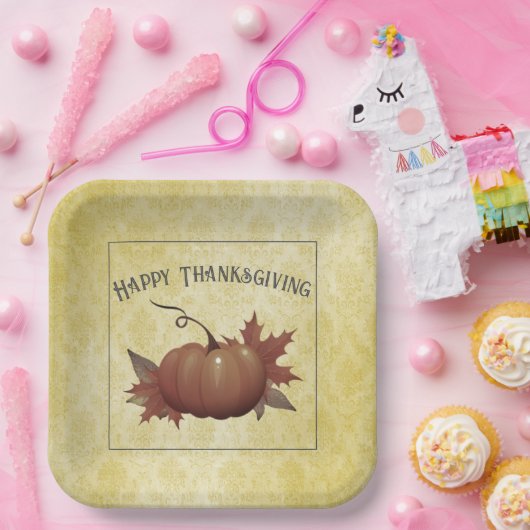 Assiettes En Carton Damask, Citrouille de Thanksgiving | jaune (Fête)