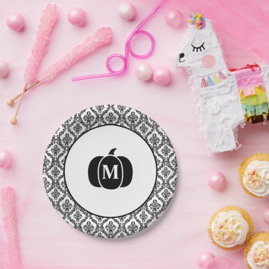 Assiettes En Carton Damask Glam Monogramme Halloween Citrouille (Fête)