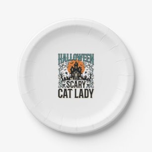 Assiettes En Carton Dame de chat Halloween Maison hantée effrayante Vi
