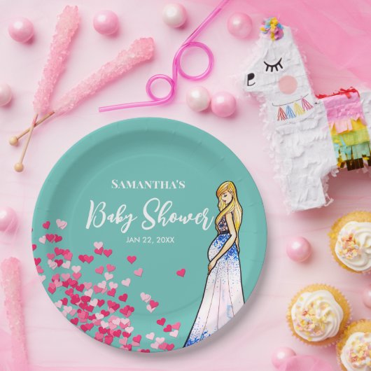 Assiettes En Carton Dame enceinte baby shower dans les coeurs longs (Fête)