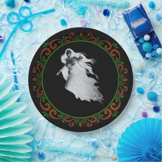 Assiettes En Carton Dame Verte Orange En Blanc Fantôme Halloween (Fête)