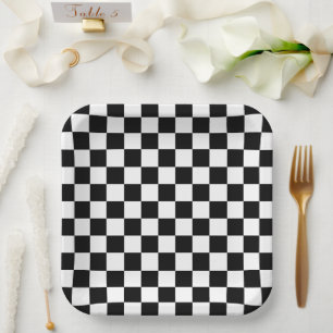Assiettes En Carton Damier noir et blanc minimaliste