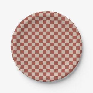 Assiettes En Carton Damier Terracotta et Tan