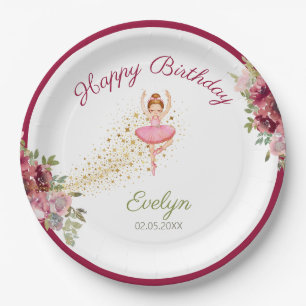 Assiettes En Carton Danseur Ballerina  Ballet Floral Rose Anniversaire