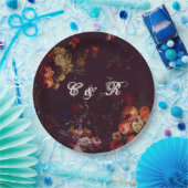 Assiettes En Carton Dark Elegant Bourgogne Moody Nom Floral Initiales (Fête)