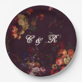 Assiettes En Carton Dark Elegant Bourgogne Moody Nom Floral Initiales (Devant)