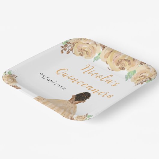 Assiettes En Carton Dark Skin Princess Peach Floral Quinceanera (Angulaire)