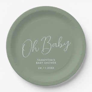 Assiettes En Carton Date de Baby Shower Minimaliste Écriture Vert Saug