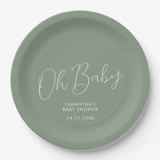 Assiettes En Carton Date de Baby Shower Minimaliste Écriture Vert Saug