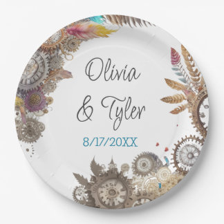 Assiettes En Carton Date et noms de mariage Steampunk floral
